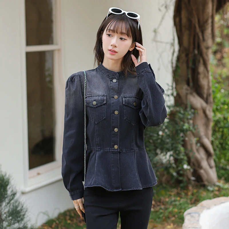 Women\'s Autumn Sprong New High Quality Elegant Female Office Ruffle Denim Jacket