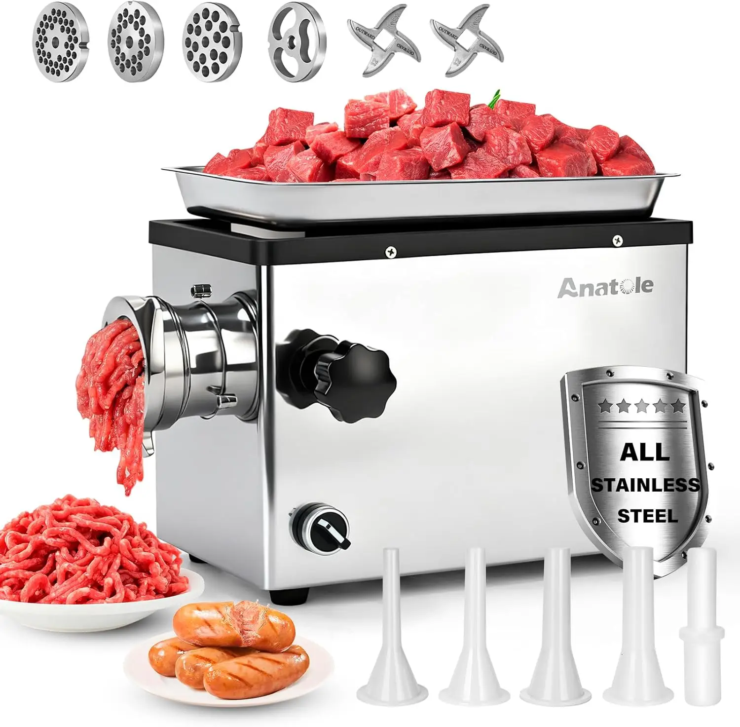 

Commercial Electric Meat Grinder 1.5 HP 1100 W All Stainless Steel Meat Bones Mincer Heavy Duty Sausage Stuffer with 4 Grinding