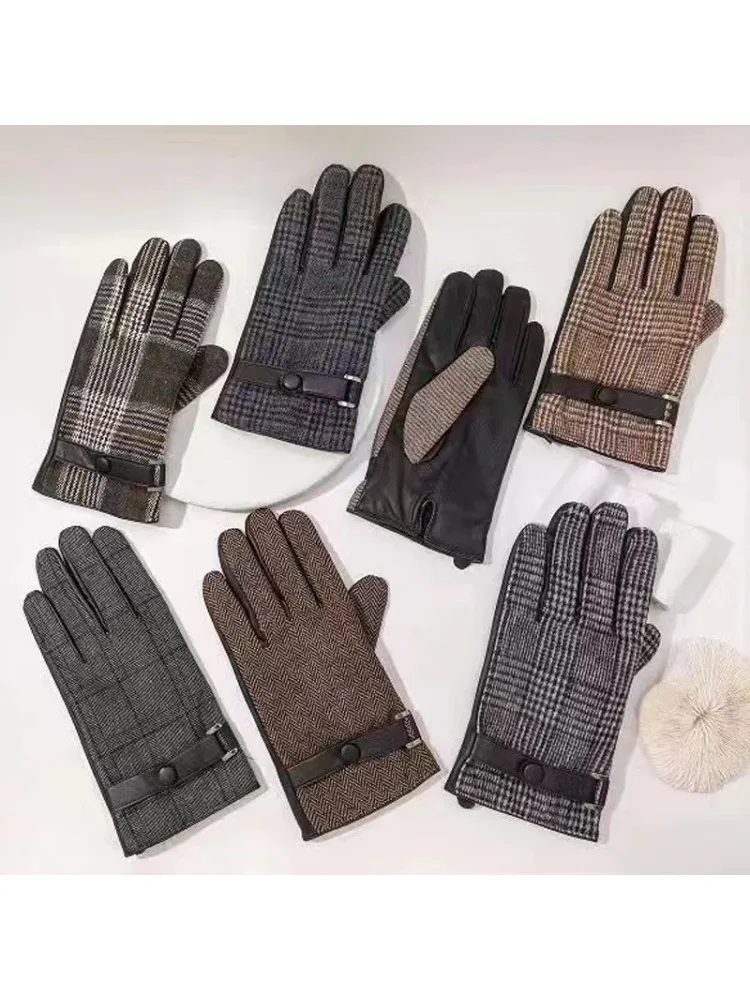 AliExpress British Woolen Plaid Business Gloves, Classic Leather Patchwork Fabric with Thick Velvet Insulation, Men's Cycling Gloves