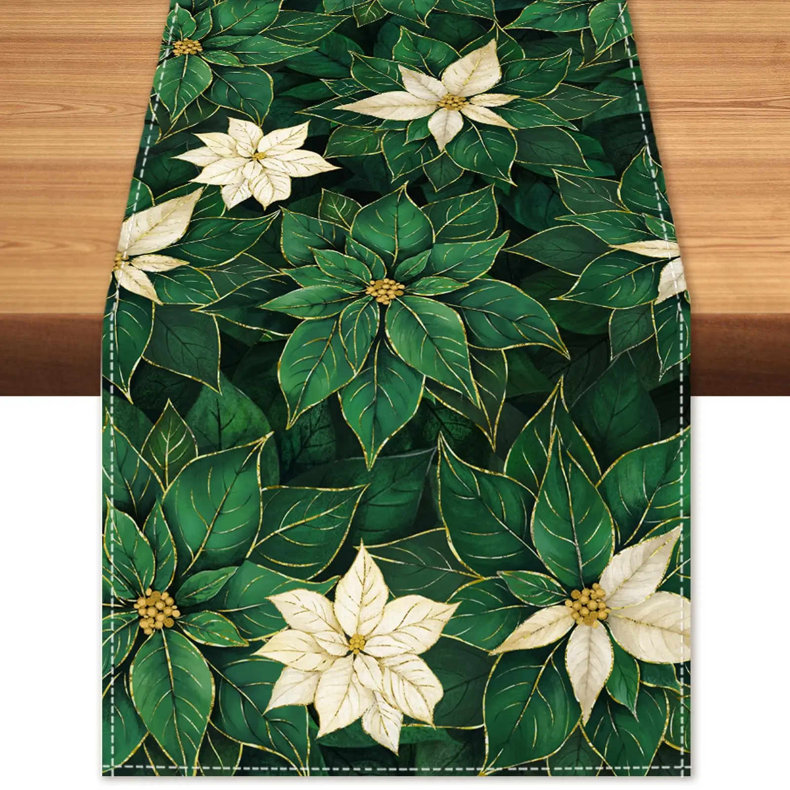 Green Poinsettia Table Runner Winter Floral Burlap Table Runners, St Patricks Day Seasonal Coffee Table Center Decor for Home