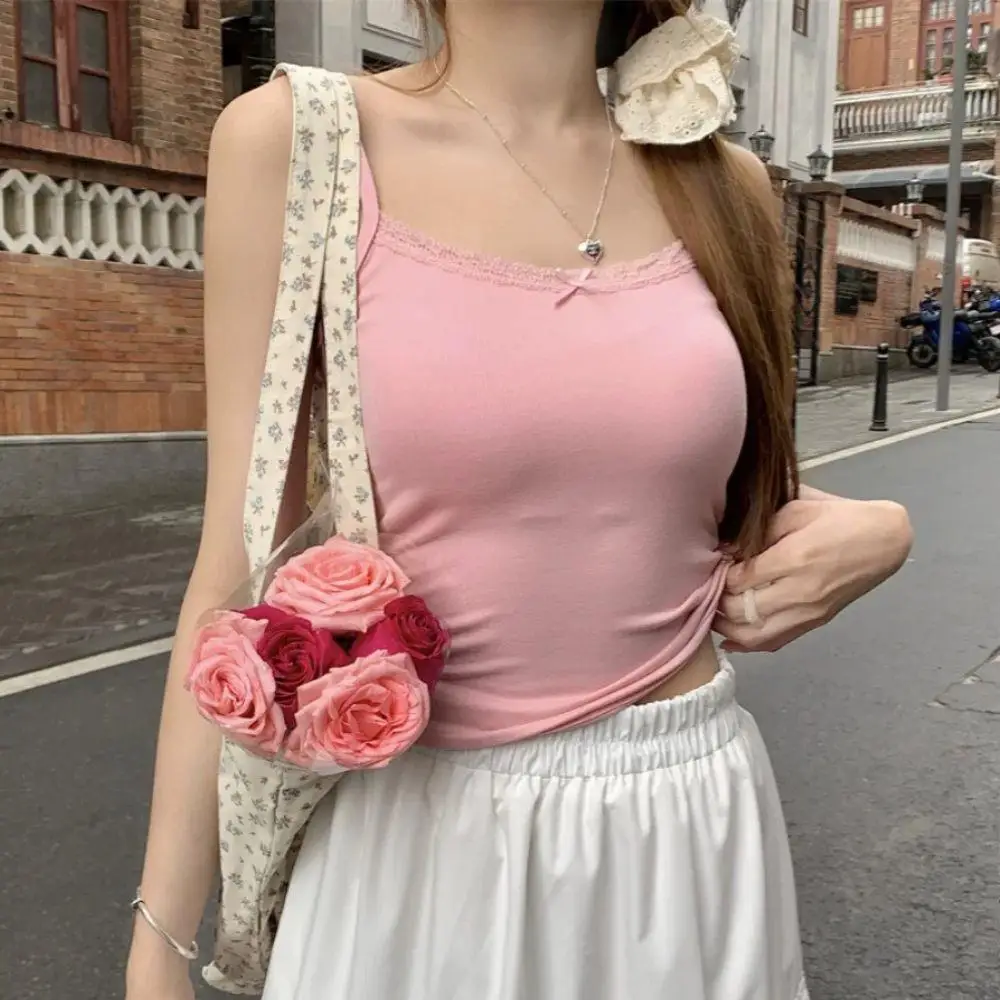 

1 шт., милый мягкий бюстгальтер для девочек, майка, женский кружевной топ с бантом, повседневный топ на бретелях, жилет, женская майка со съемным встроенным бюстгальтером, одежда, хит продаж