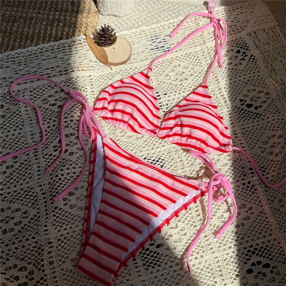 

Pink Striped Print Swimwear Micro Thong String Halter Bikini 2026 Sexy Swimsuit Women Bathing Suit Brazilian Bikinis Sets Mujer