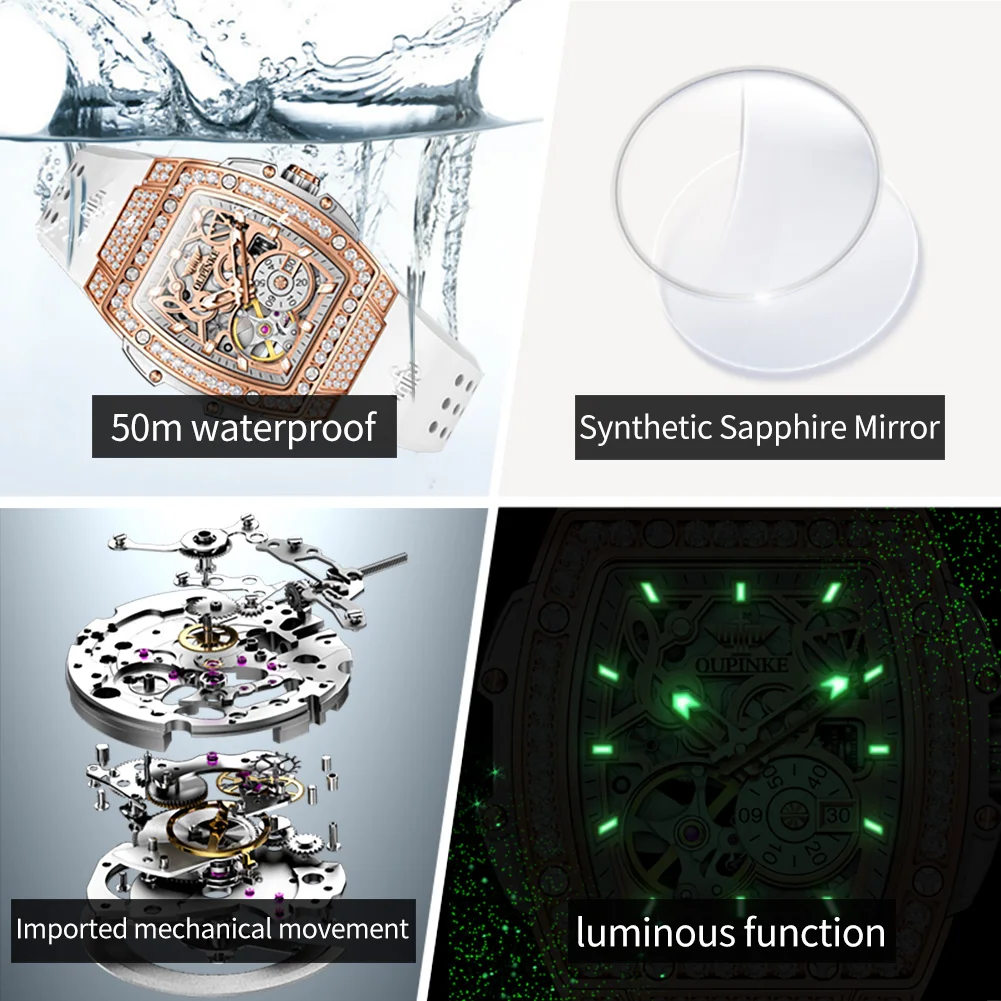 OUPINKE 3220 دولاب الموازنة الهيكل العظمي ساعة ميكانيكية للنساء الماس الفاخرة سيليكون حزام ساعة اليد الياقوت مرآة فستان ساعة