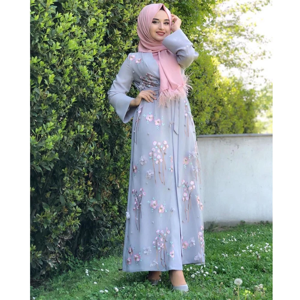 3D Flower Muslim Embroidery Abaya Women Arab Robe Dubai Open Kimono Long Sleeve Kaftan Elegant Luxury Maxi Robe Party Dubai