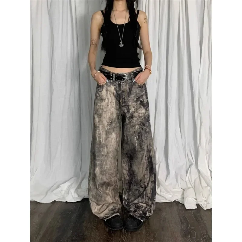 Women's Asymmetric Dirt Staining Unisex Pants Wide Legs Jeans Young Girl Street Bottoms Female High Waisted Denim Trousers