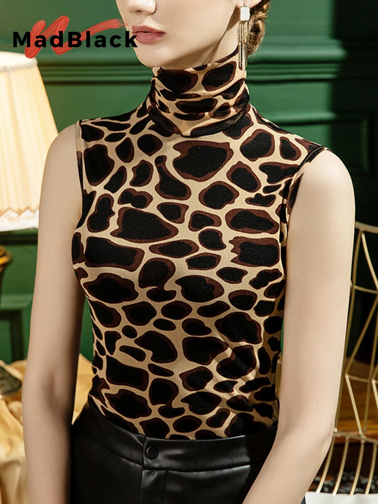 

MadBlack Summer European Clothes Tshirts Women Sexy Turtleneck Leopard Slim Mesh Tank Tops Sleeveless Elastic Tees Fall T36343JC