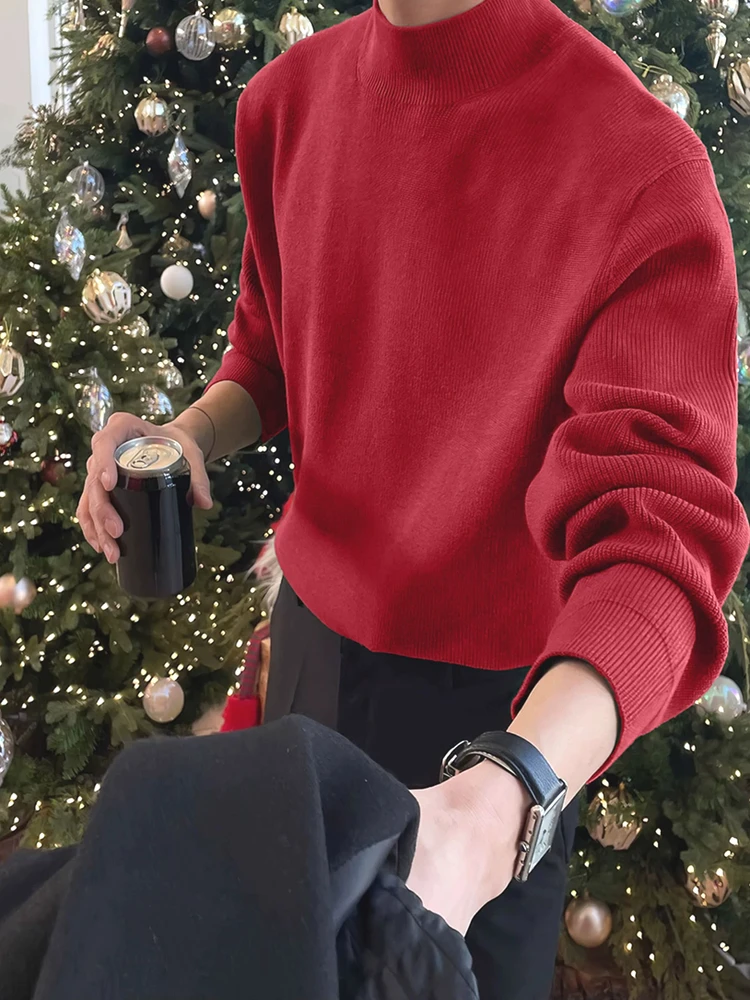 

Cisas Red Knitted Sweater Men's Slim Fit Long Sve f High Collar Sweatirt Woolen Base Layer irt American Sle C...