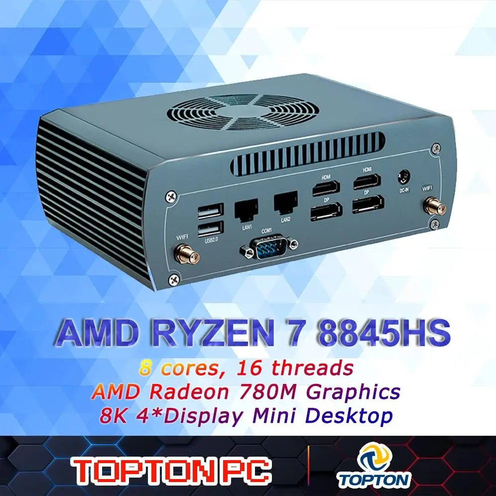 Solider lüfterloser Lüfter Mini-PC AMD Ryzen 7 8845HS 2 * Intel 2,5G 2 * DDR5 2 * NVME Firewall Router Gaming-Computer Windows 11 4x8K WiFi6