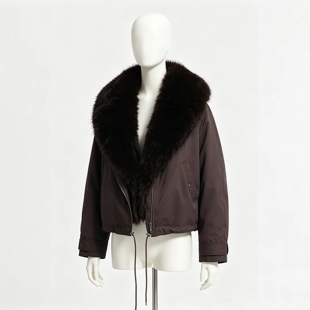 Laur 2026 Women Short Parka Jacket Big Faux Fur Collar Oversized Zip Up Drawstring Hem Loose Warm Winter Streetwear Outerwear