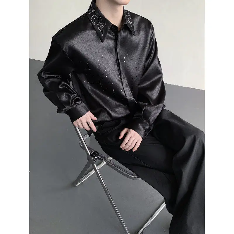 

Long Sve Men's irt Autumn Faion Urban Sle Acetate Draped Diamond Detail Breathable Polyester Casual irt