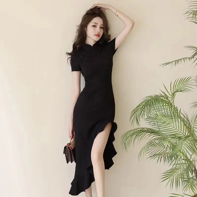 

New Chinese Black Qipao, Asymmetric Mermaid Tail Dress, Elegant Slimming Little Black Dress Summer Cheongsam Qipao Modern