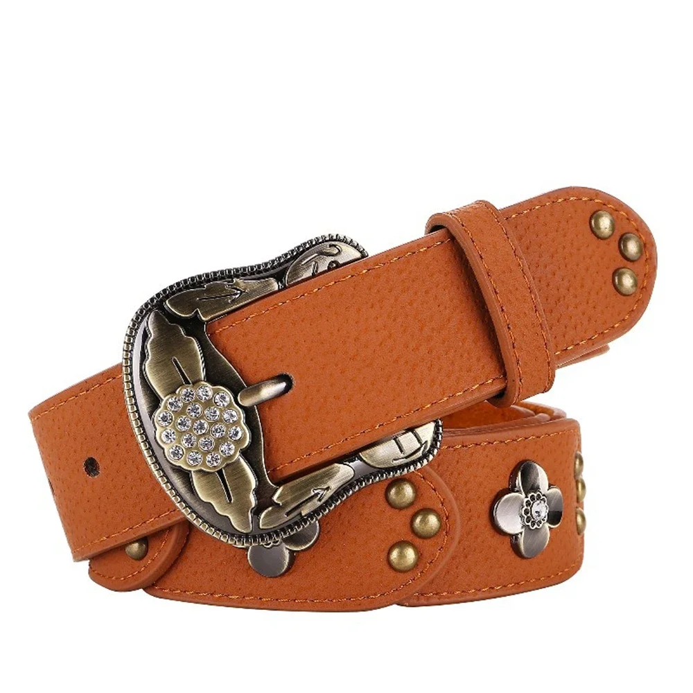 

LA SPEZIA Vintage Women Belt Cowskin Genuine Leather Waist Belt Rivet Rhinestone Metal Flowers Women Leather Belt for Trousers