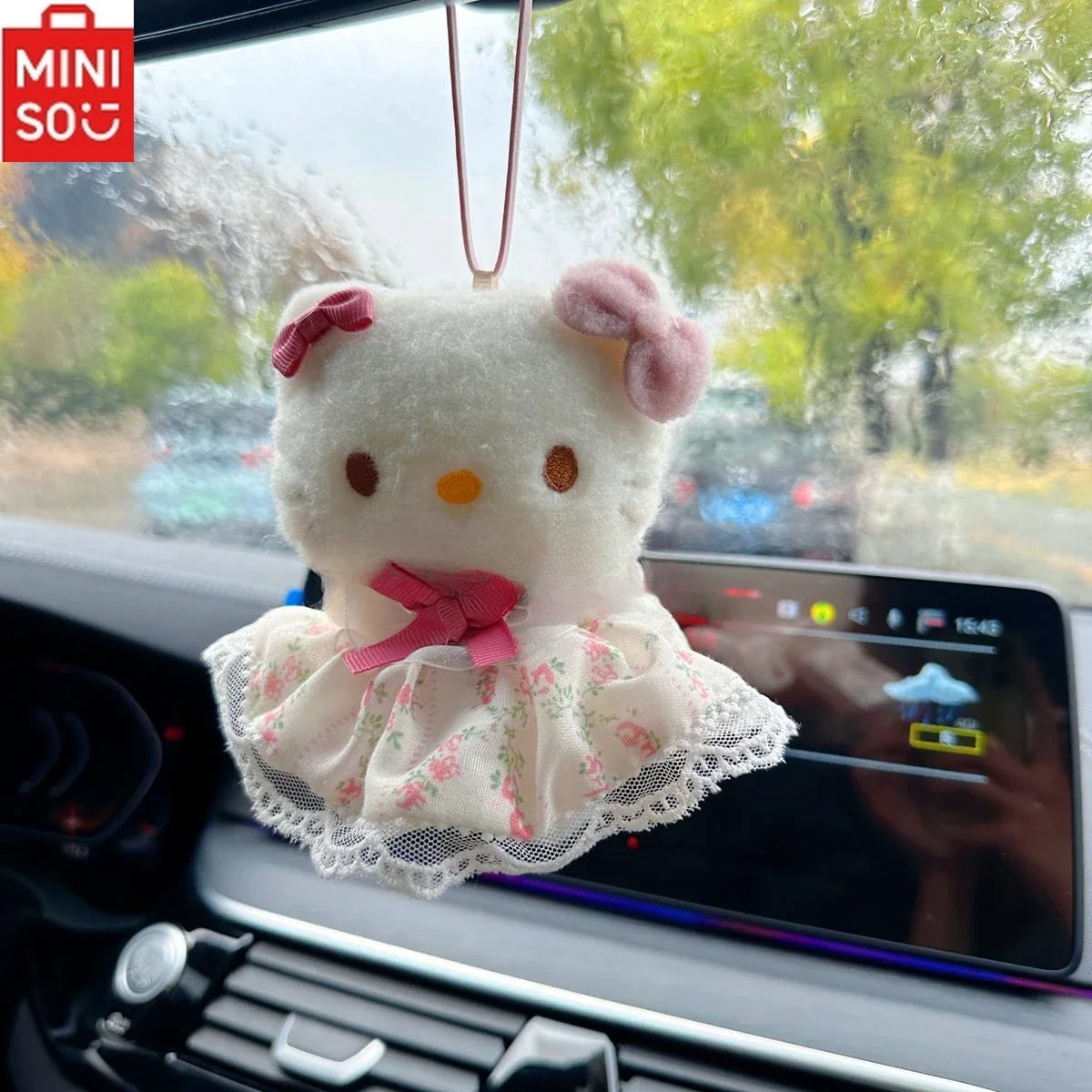 MINISO HelloKitty Car Rearview Mirror Keychain Plush Pendant Cute Cartoon Wedding Dress Kitty Car Interior Decoration Pendant