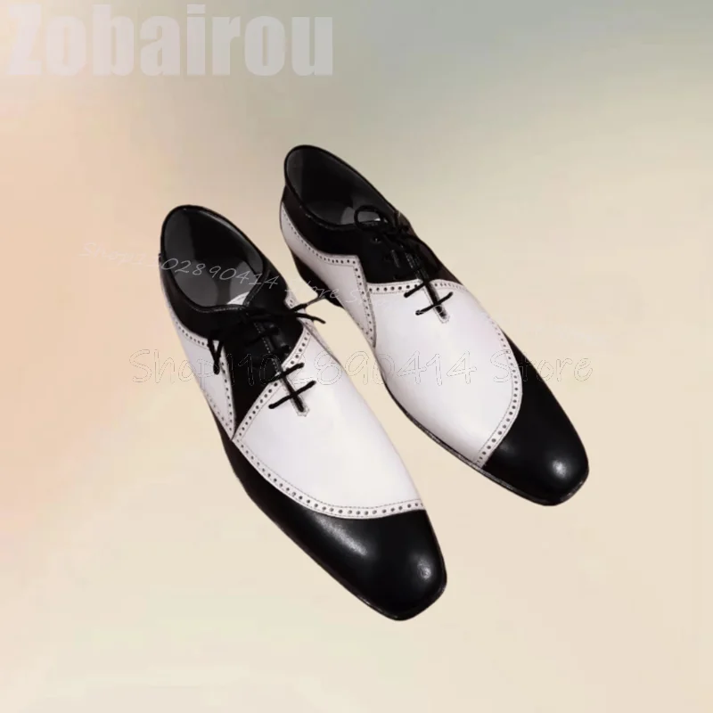 

Black White Carving Design Strappy Square Toe Loafers Fashion Lace Up Men Shoes Luxurious Handmade Party Office Men Dress Shoes