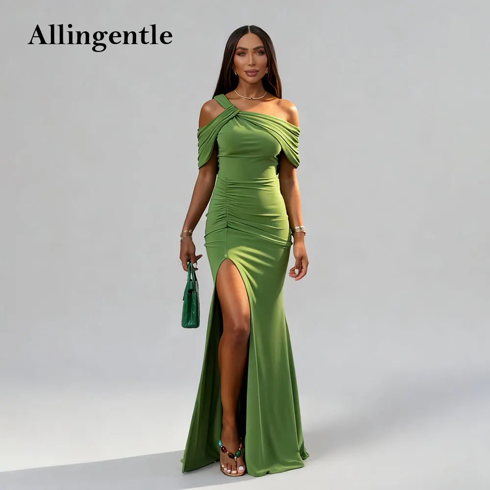 

Sexy Green Evening Gala Dresses with Side Split Off Shoulder Wedding Guest Dresses Pleated Long Mermaid Prom Gowns Customized