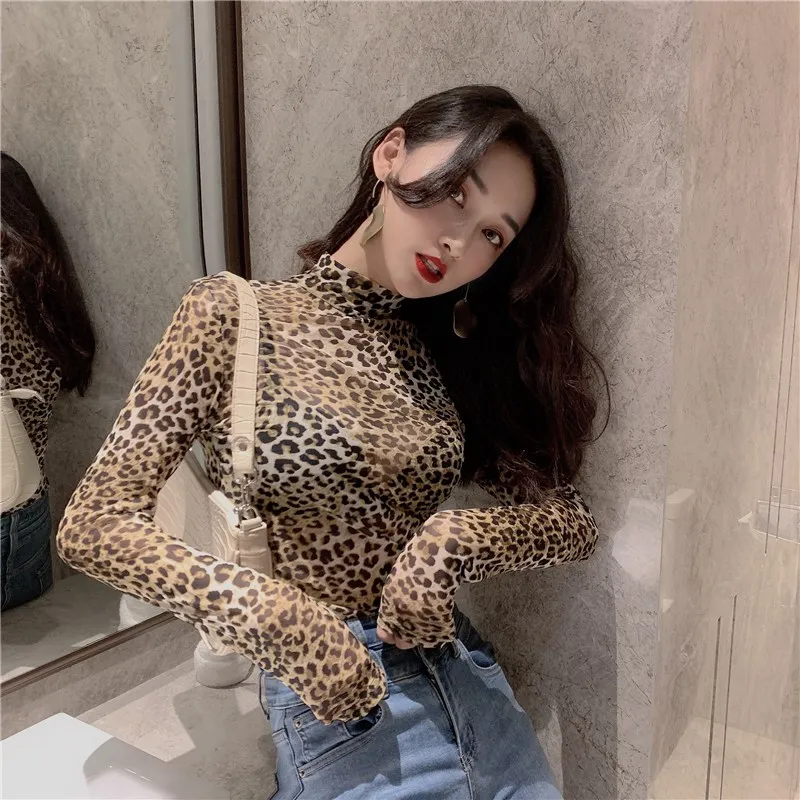 Women's Leopard Print Mock Neck Blouse Lady Fashion Long Sleeve Sexy Mesh Shirt Top