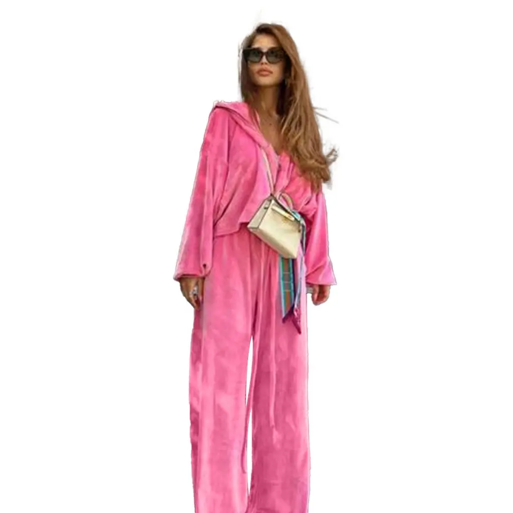 

Gold Velvet Zipper Drawstring Casual Suit for Women Early Autumn Fashion European American Style 23116