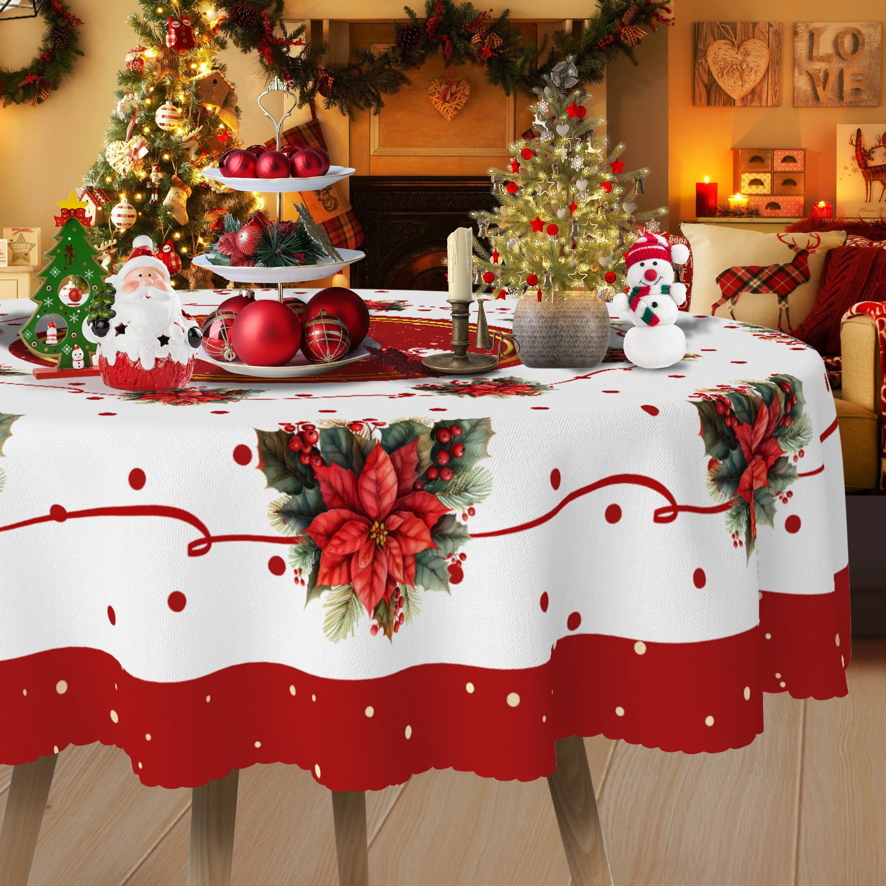 One tablecloth with a red ribbon and festive flowers, a moose Santa Claus tablecloth cover.