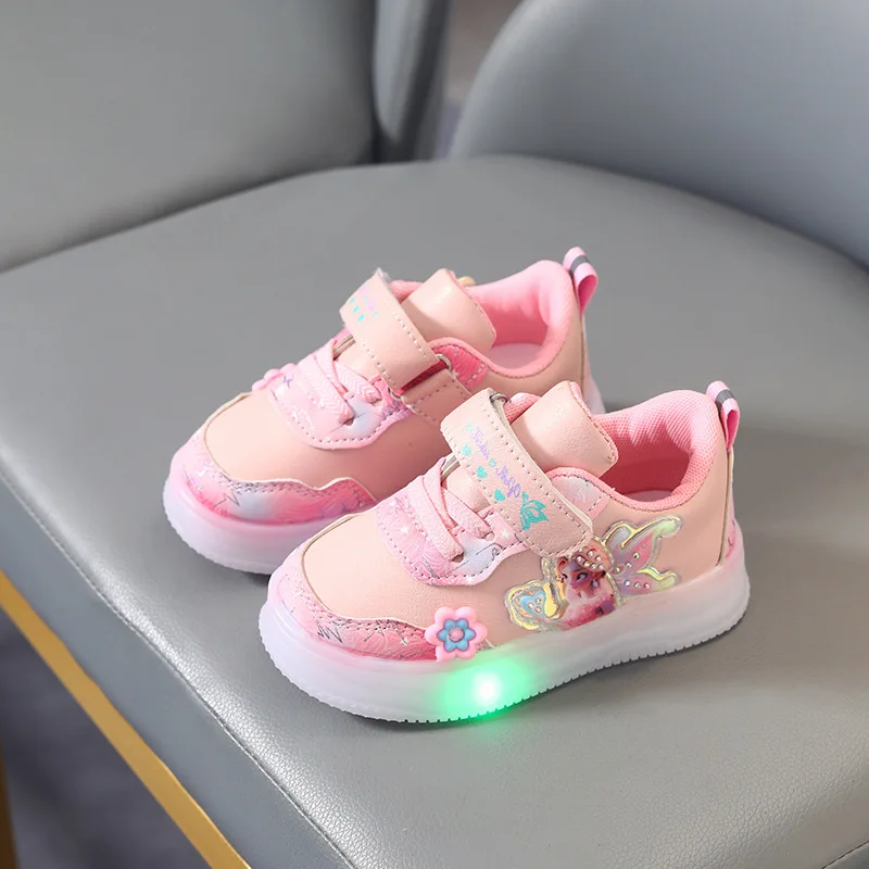 Disney LED Casual Sneakers For Spring Girls Frozen Elsa Princess Leather Shoes Children Lighted Non-slip Pink Purple Size 21-30