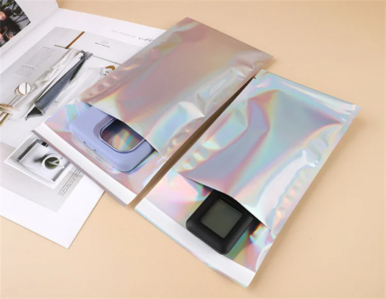 140Micron Aluminum Foil Holographic Self-adhesive Packaging Bag Rainbow Onaments Jewelry Phonecell Data Wire Mailer Gift Pouches