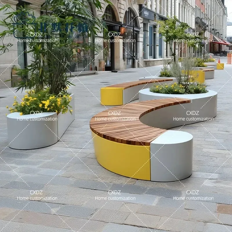 Curved Wrought Iron Outdoor Flower Box Bench Planter Seat for Street Square Municipal Landscape Garden Decoration Finished
