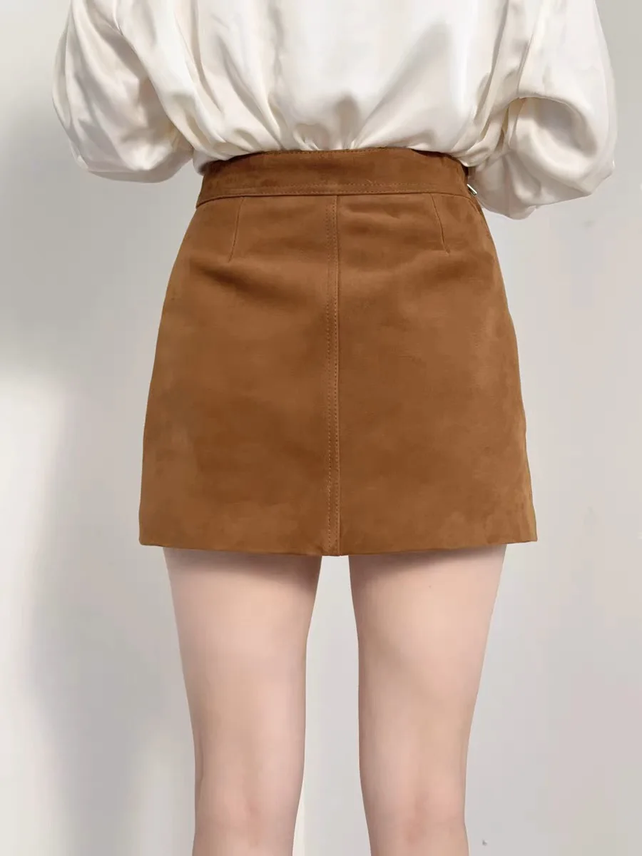 Retro Genuine Kid Suede Leather Skirt Mini Skirt Slim Fit Women 2024 Spring Fashion High Waist  Leather Skirt
