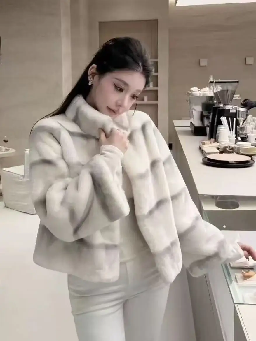 

ort adient Color Women's Faion Coat Warmth Rabbit Fur Collar Stand up Outerwear Korean Sle Thiened Winter...