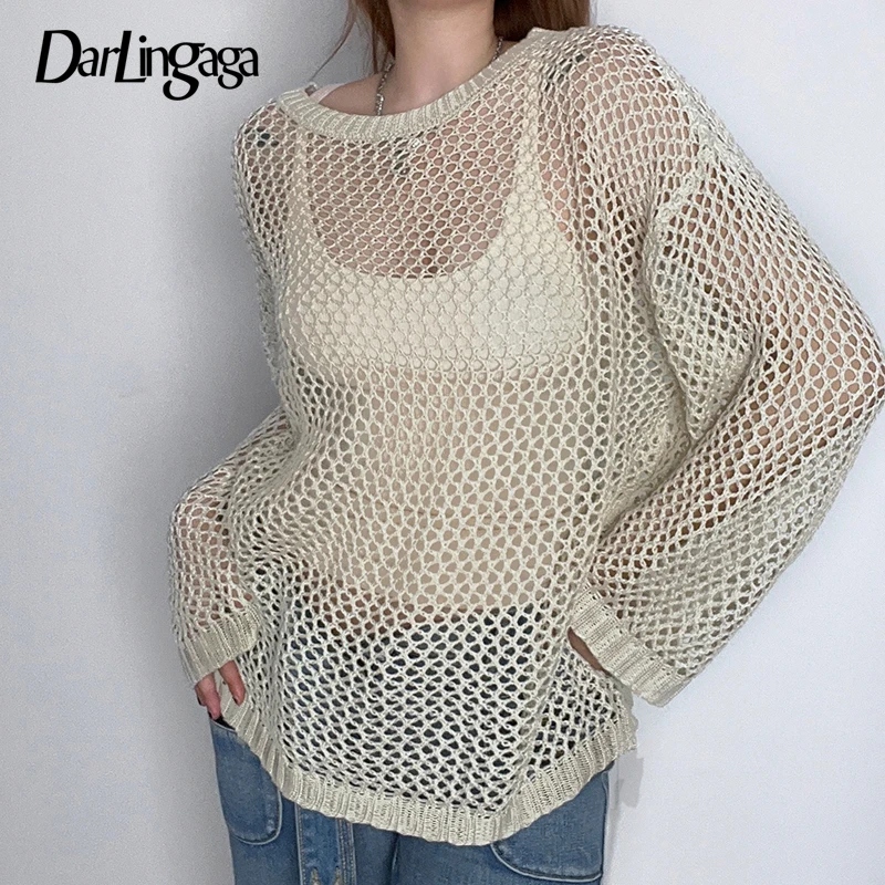 

Darlingaga Fashion Chic Beach Holidays Knit Crochet Smock Top Sweater Casual Loose Hollow Out Festival Outfits Pullover Knitwear