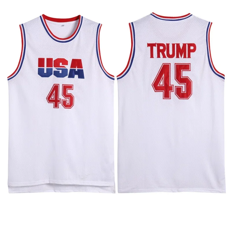 

LangMaoUSA TRUMP # 45 Баскетбольный трикотаж, спортивная рубашка, белые топы, быстросохнущий логотип, вышивка