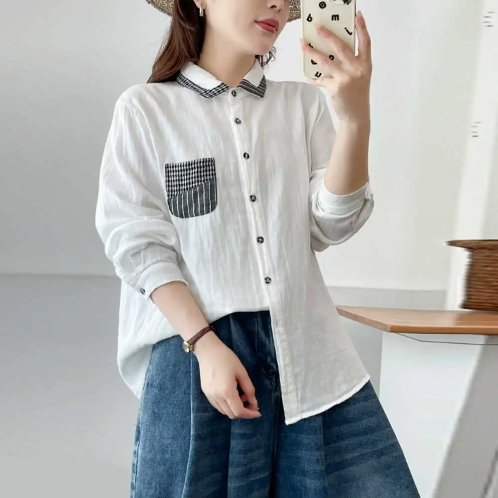 

Japanese Sweet Mori Girl Embroidery Cotton Yarn Shirts Women Autumn New Turn Down Collar Long Sleeve Casual Loose Blouse Tops