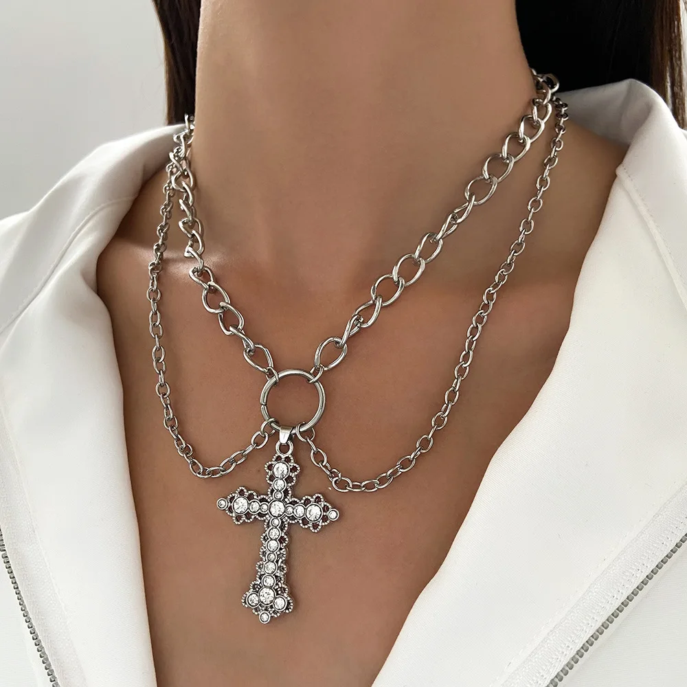 Punk Style Zircon Cross Pendant Necklace for Women Vintage Pearl Crystal Choker Chains Religious Jewelry Trendy Hip Hop Gifts