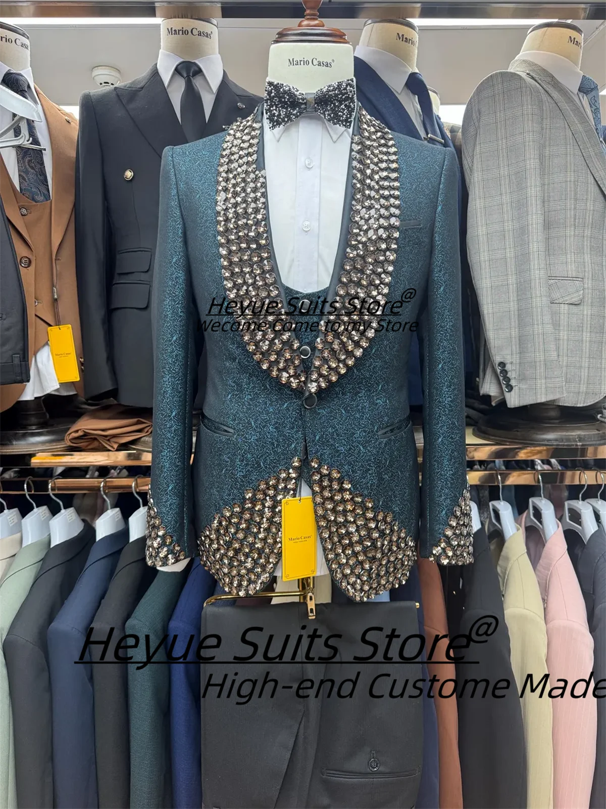 Fashion Green Jacquard Shiny Diamond Men Suits Customized Slim Fit Shawl Lapel Groom Wedding Tuxedos 2 Pieces Sets Male Blazers
