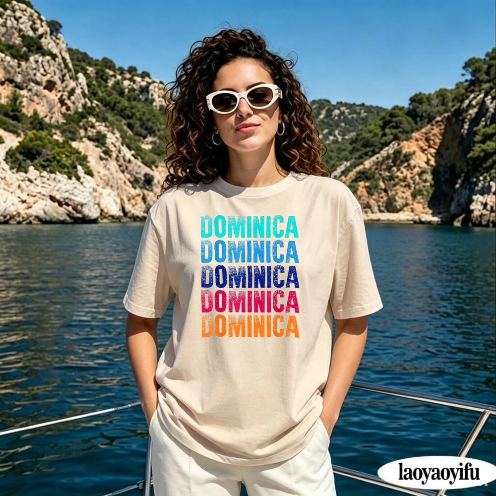 Dominica Gradient Distressed Letter Summer Women Cotton T-Shirt Colourful Gradient Vintage Text Graphic Short Sleeve Attire