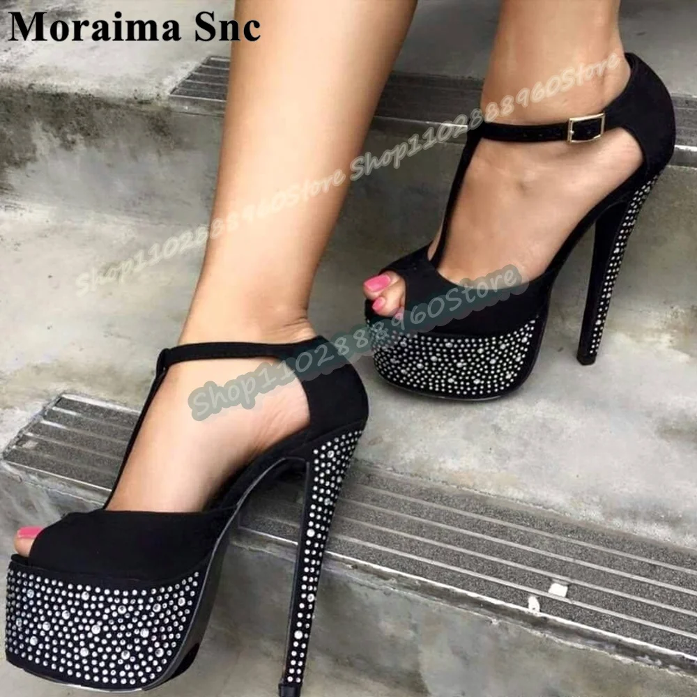 

T Strap Black Flock Crystals Platform Sandals Stilettos High Heel Shoes For Women Ankle Buckle Strap Peep Toe Zapatos Para Mujer