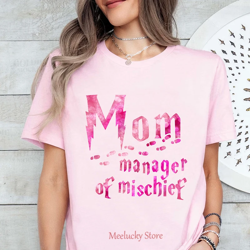 Mom manager of mischief letter printed pattern women's casual T-shirt, summer simple and elegant women's top