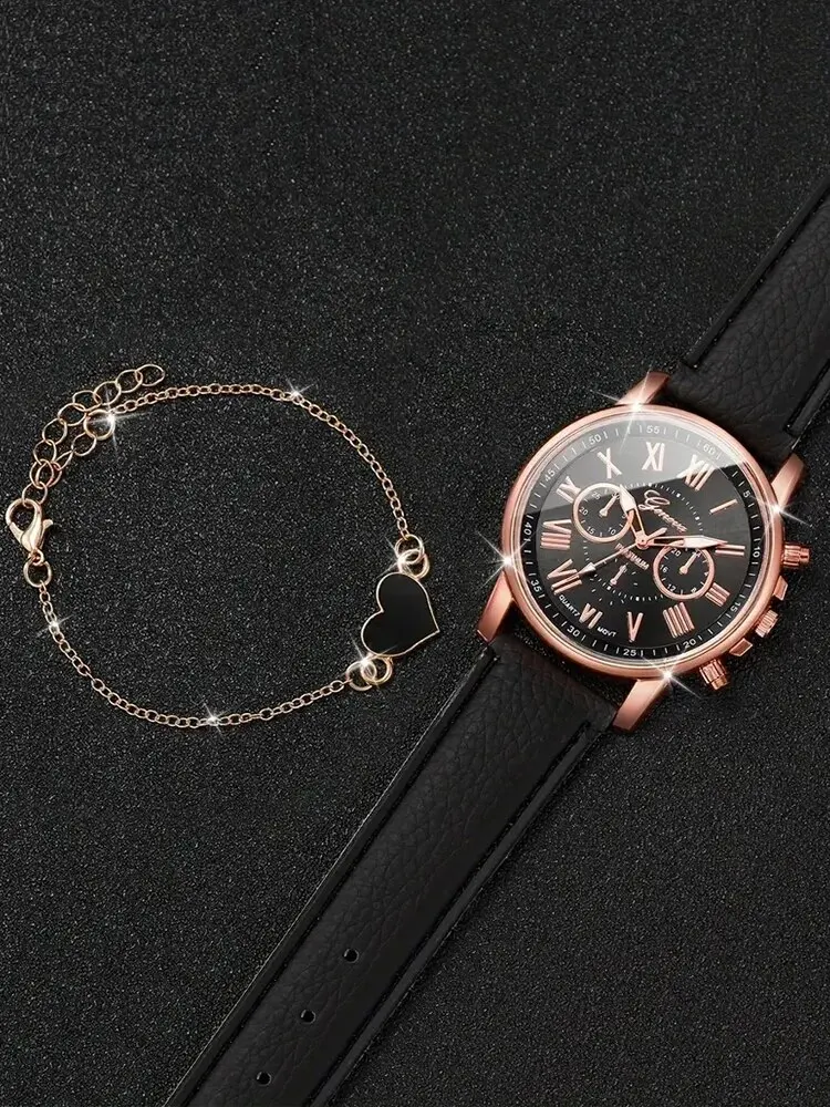 4pcs Fashionable, Minimalist, and Versatile Set for Men and Women, Paired with Quartz Watches and Heart-shaped Bracelets