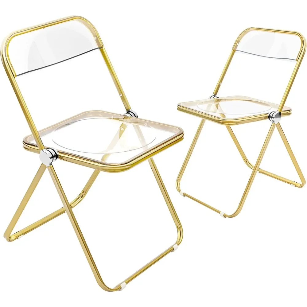 

Acrylic Stackable, Plastic Folding Dining Room Armless Chairs with Gold Metal Frame, Set of 2