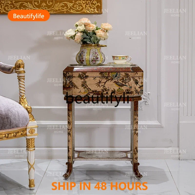 03 French retro painting personalized exquisite decoration box living room storage mirror double corner few