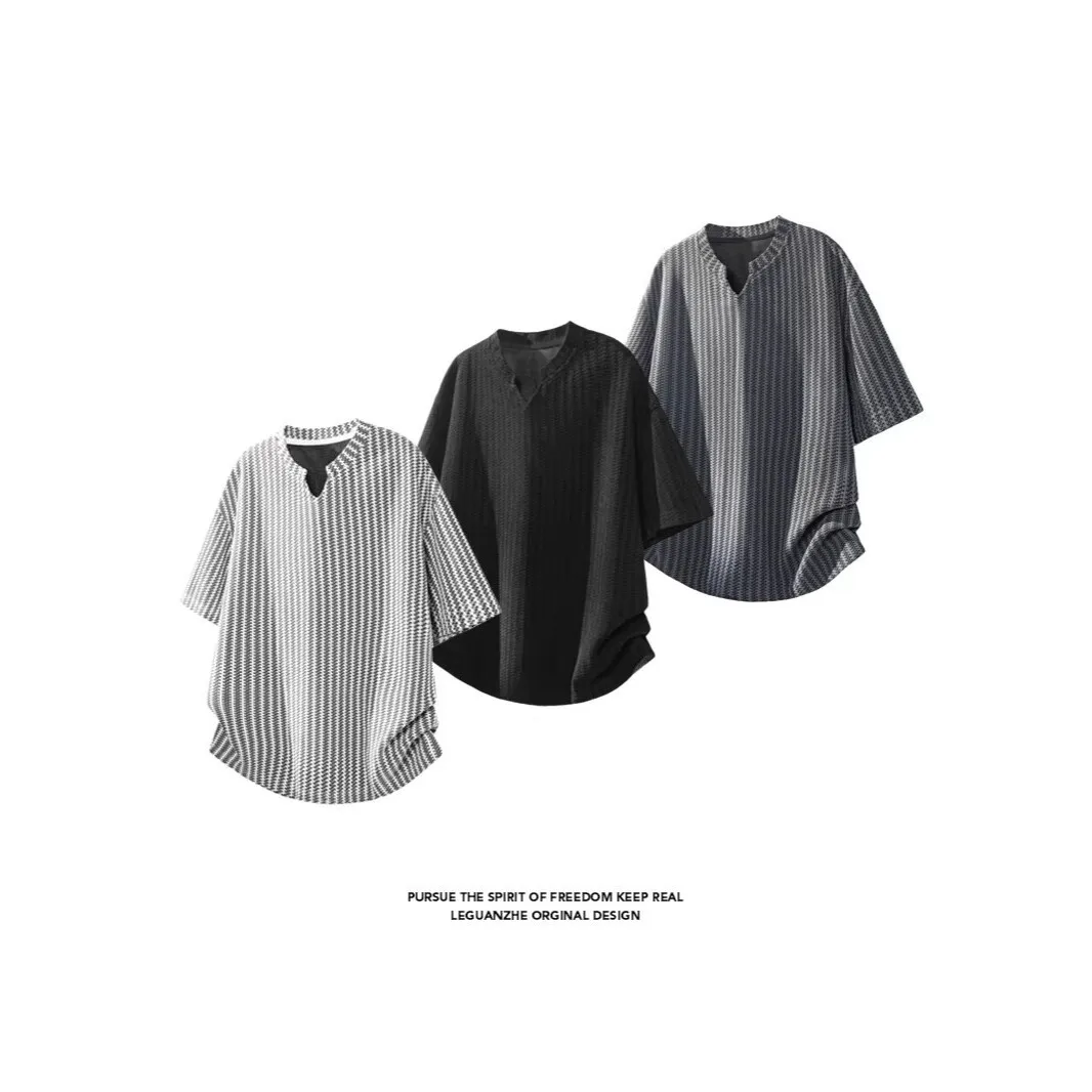 2026 New Thousand Birds Grid V-Neck Short Sleeve T-Shirt Men's Summer Loose Trend Casual Half Sleeve T-Shirt Men's Clothing