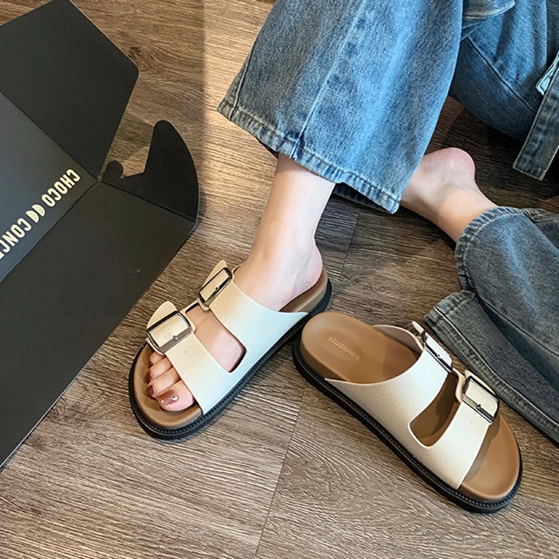 JOZHAMTA Size 35-40 Women Real Leather Slippers Summer 2023 Platform Shoes For Women  Fashion Buckle Heels Sandals Outdoor