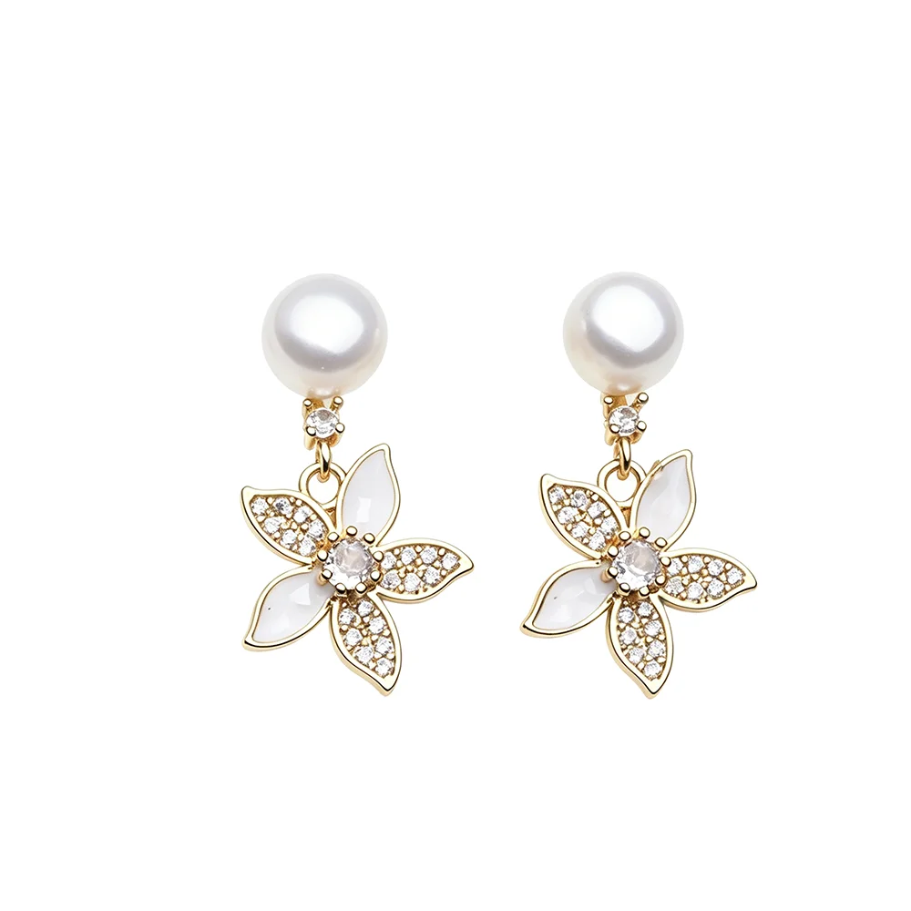 Pendientes de perlas naturales de agua dulce para mujer, pendientes de perlas de plata 925 con forma de flor, regalo de aniversario para novia y esposa, color blanco y rosa