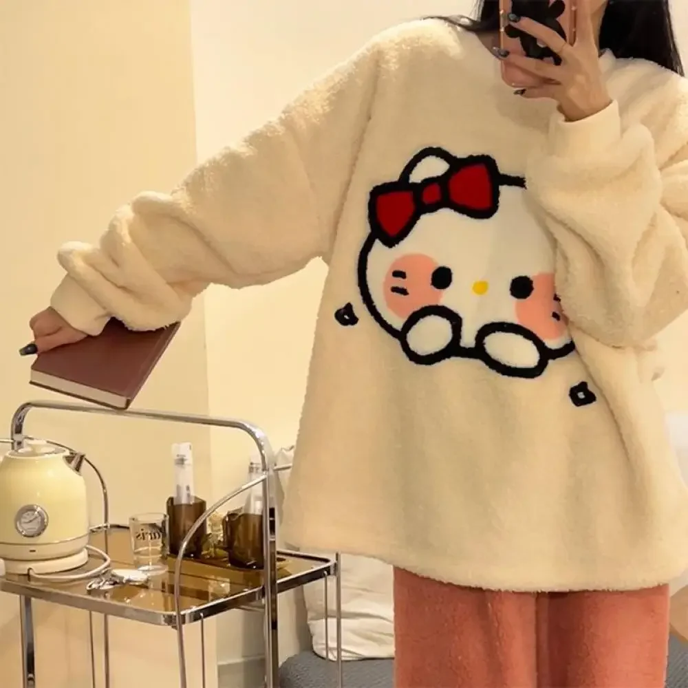 Cute Women Pajamas Suit Hello Kitty Cinnamoroll Sanrioed Anime Kawaii Plush Spring Cartoon Coral Fleece Homewear Warm Nightwear