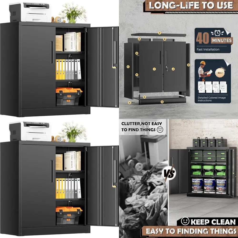 

Надежный стальной шкаф для хранения с 2 дверцами и полками для дома, офиса, гаража и мастерской - черный