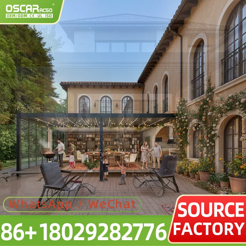 Aluminum Alloy Full Cassette Awning Remote Control LED Lighting UV Protection Rain Canopy for Italian Villa Spanish Patio pergol