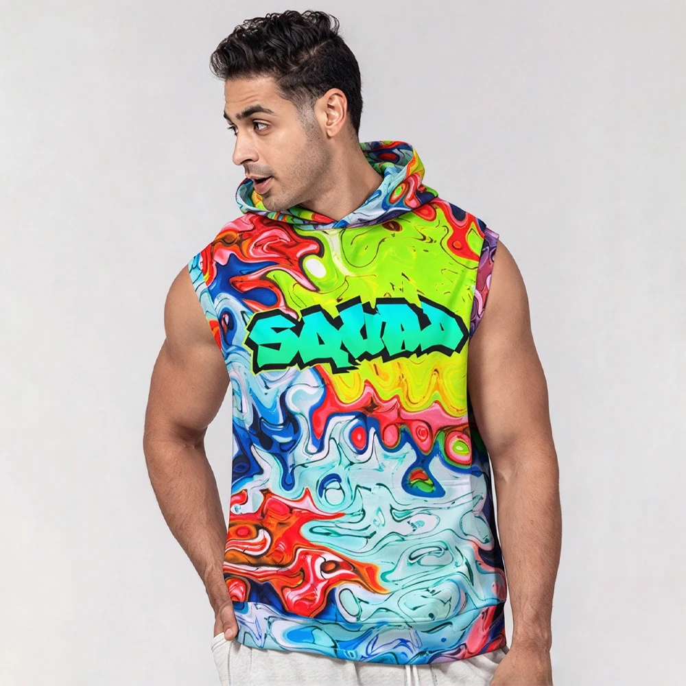 Men's Marble Graffiti Print Sleeveless Hoodie Oversized 3D Print Streetwear Casual Gym Muscle Tank Top Workout Hooded Vest 2026