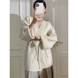 Simple and Lazy Autumn and Winter Leisure New Product Loose Medium Length Bathrobe Style Sweater Knitted Cardigan Coat Women