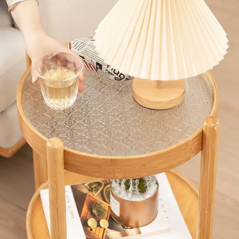 

Sofa Side Tables Living Room Small Round Tables with Crabapple Flower Glass Balcony Coffee Table Bamboo Shelf Table Corner Mesa