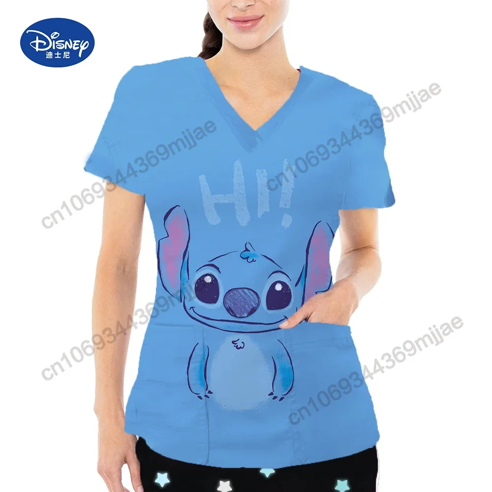 2024 Summer New V-neck Design Clothing Disney Cartoon Character Printed Women's T-shirt Double Pocket Fashion Nurse Uniform