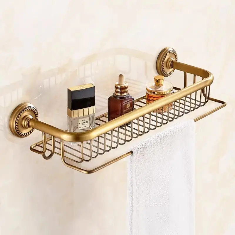 Antique bathroom towel rack multi-functional all-copper bathroom cosmetics rack wall-mounted punch-free storage rack