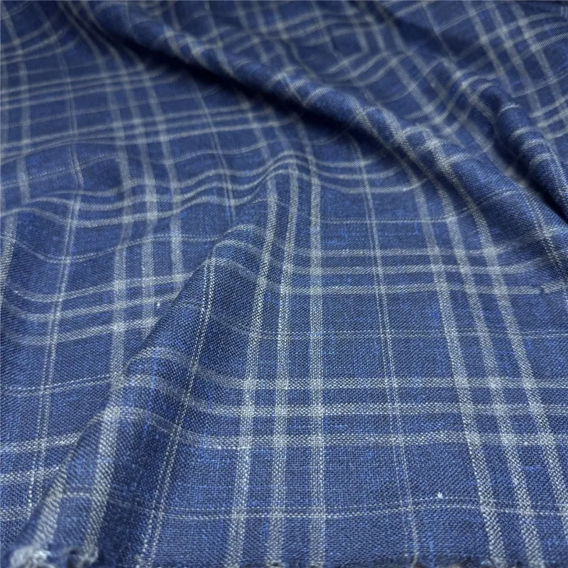 Blue Plaid Check Worsted Wool Linen Fabric Soft Comfortable Breathable Dress Tablecloth Handmade Sewing DIY Material Wholesale